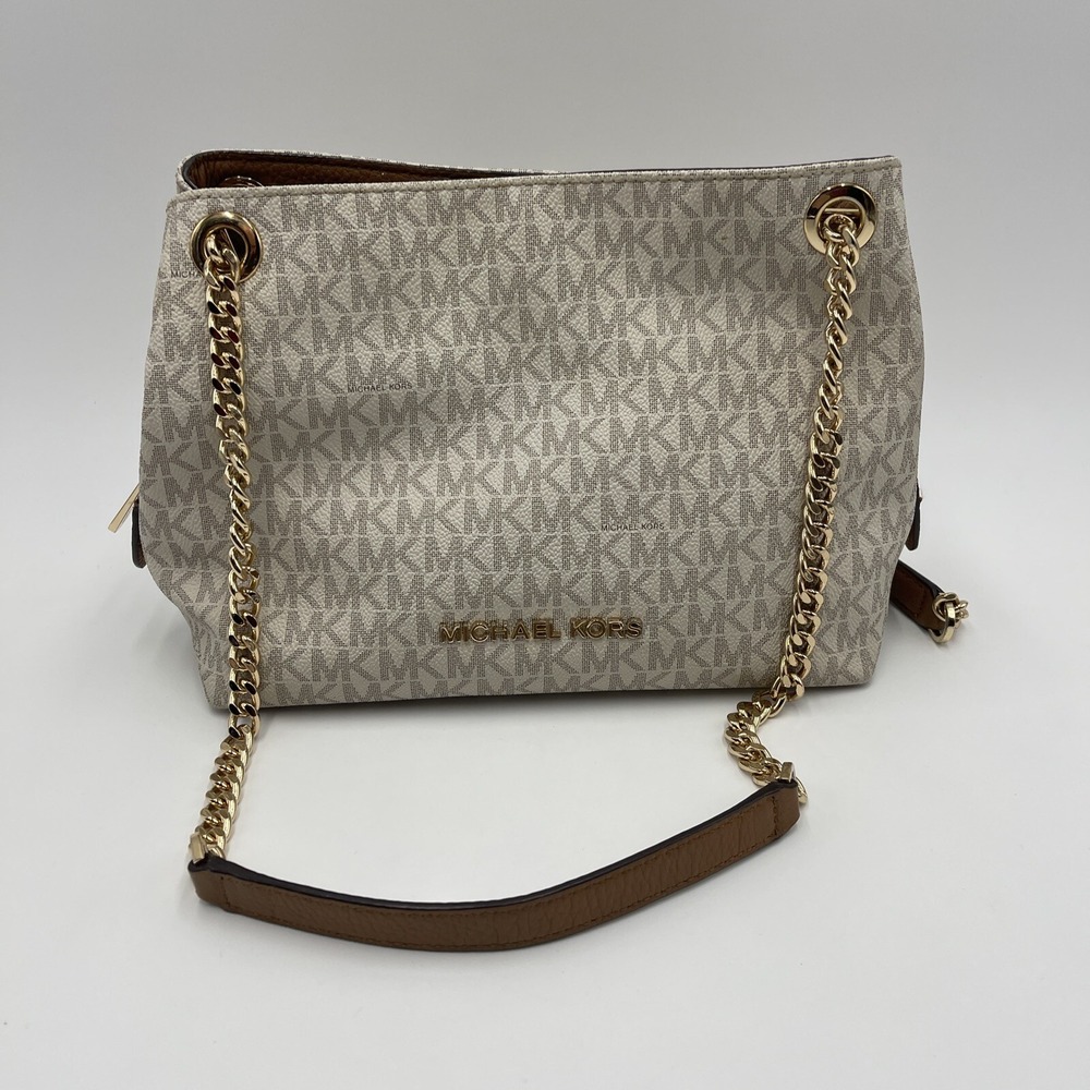 Michael Kors Jet Set Travel Beige Signature MK Logo Chain Shoulder Tote Bag